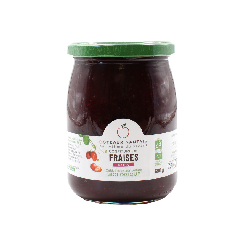 Confiture de fraises extra Bio - 690 g, des Côteaux Nantais, idéal pour accompagner des tartines de pain, ou des crêpes...