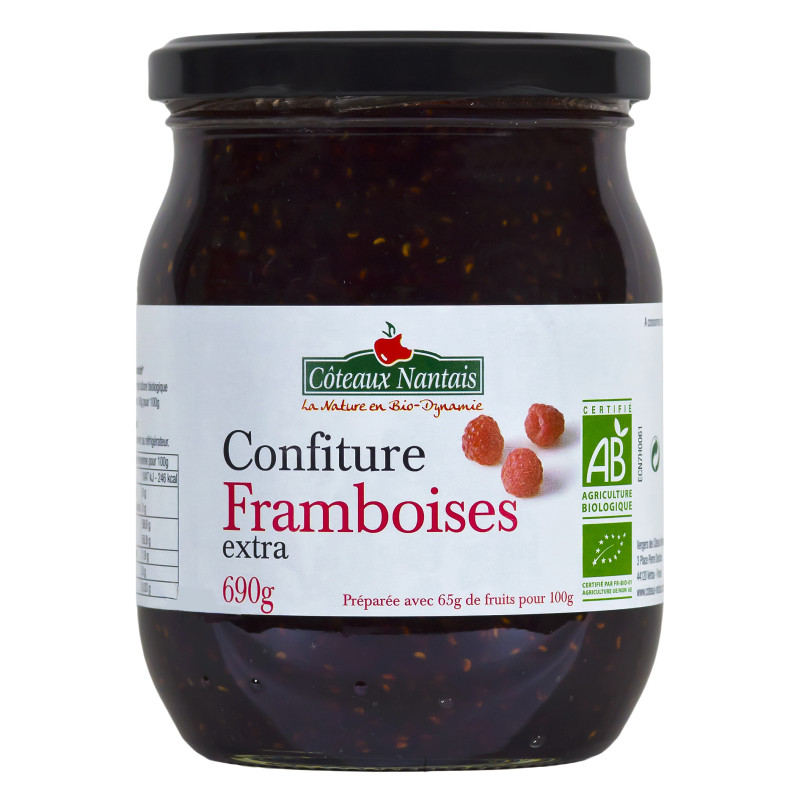 Confiture de framboises extra Bio - 690 g, Côteaux Nantais, idéal pour accompagner des tartines de pain, ou des crêpes...