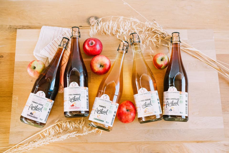 Bottles of juice and cider on a wooden table, surrounded by apples