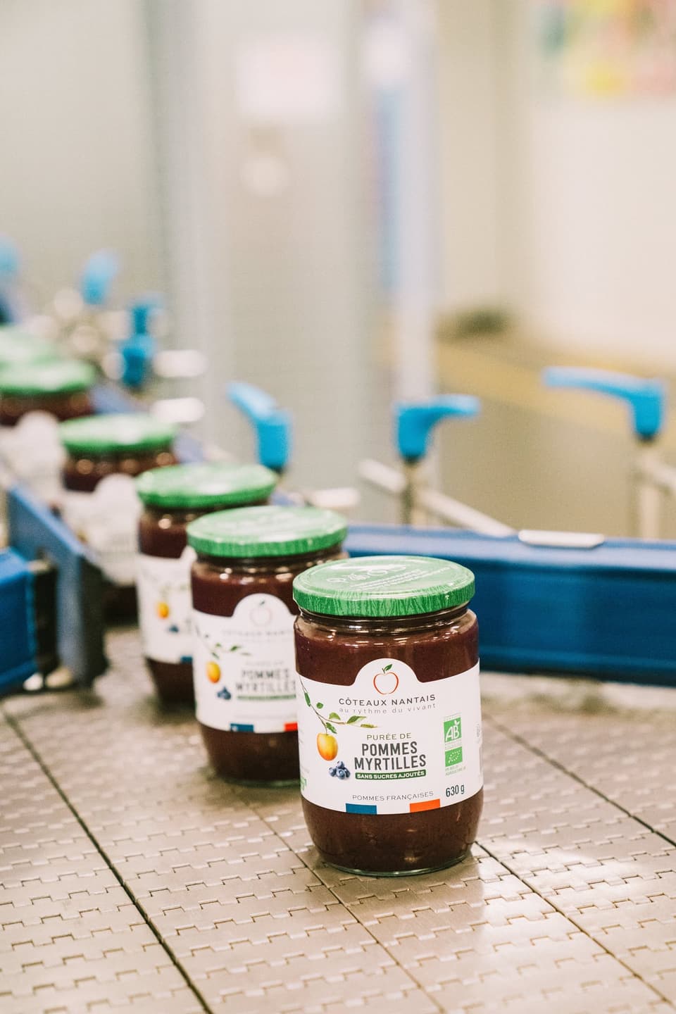 Jars of CÔTEAUX NANTAIS apple-blueberry purée on the production line